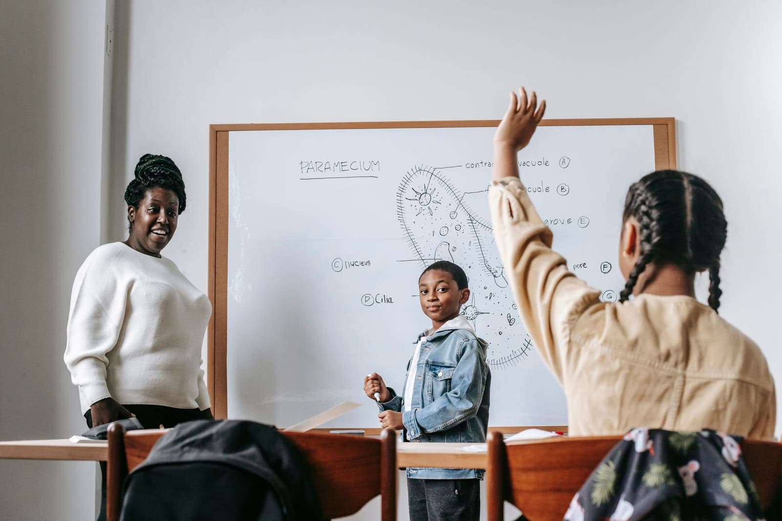 A teacher guiding pupils at the whiteboard as they raise their hands to answer